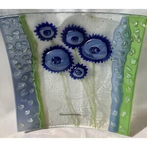 Floral Trinket Handmade Glass Dish Decorative 8”Square Iridescent Colors